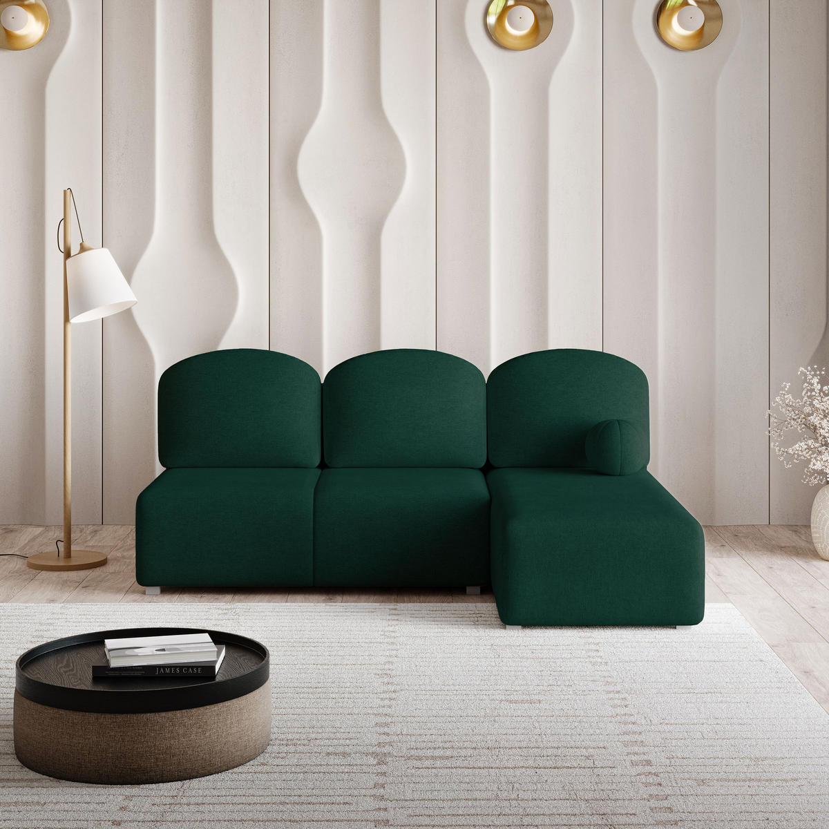 ECKSOFA TRAMA Grün Geflochtener Stoff mit Schlaffunktion - Grün, Holz (200/143cm) - MASSENO