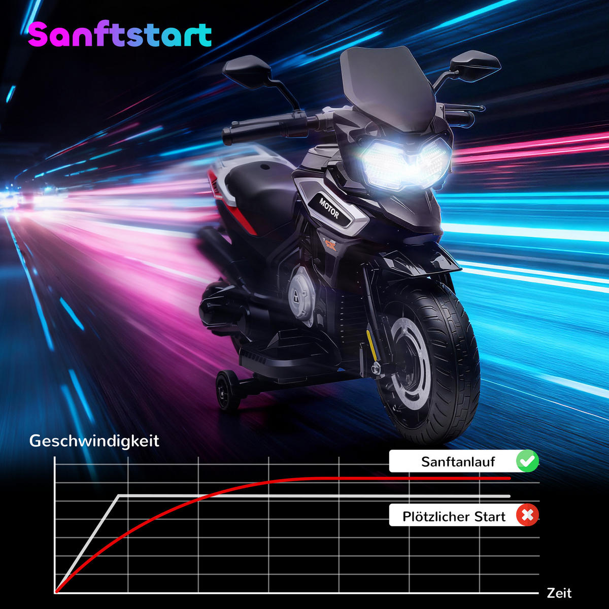 ELEKTRO-MOTORRAD DE-06206 mit Hilfsrädern, Lichtern und Musik Schwarz - Schwarz, Kunststoff/Metall (85.5/44.5/56cm) - ComfortXL