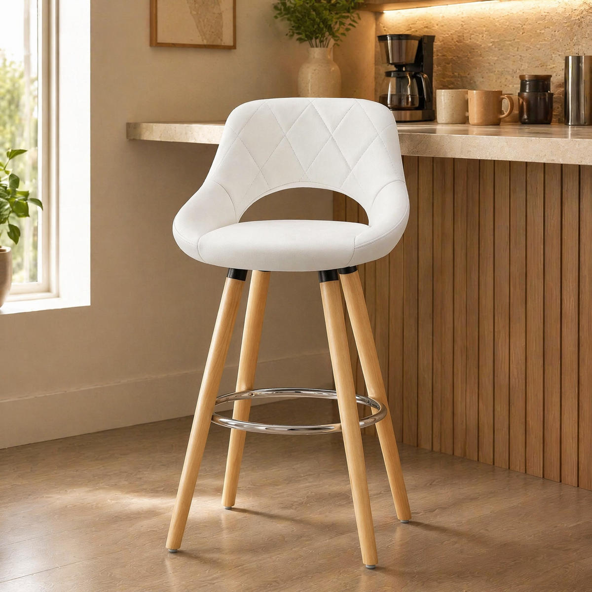 BARHOCKER Weiß aus Kunstleder mit Massivholzbeinen - Weiß, Holz (40/70/43cm) - MIVRAY