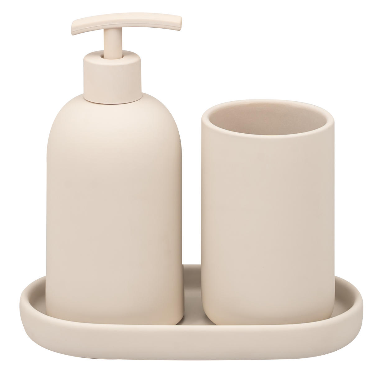 BAD-ACCESSOIRES-SET CERANO, Soft-Touch, beige - Schwarz, Keramik (8/18/8cm) - eluno