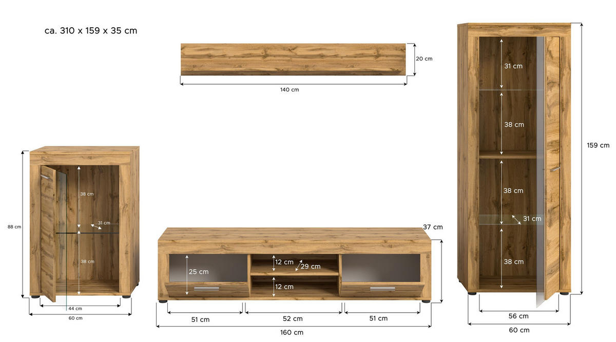 WOHNWAND Milo 4 tlg. (B/H/T: ca. 310/169/40 cm) in Wotan Eiche /Wotan Eiche - Eiche Wotan, Holzwerkstoff (310/169/40cm)