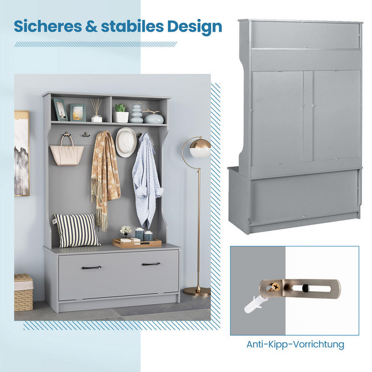 GARDEROBENSTÄNDER mit Sitzbank grau - Grau, Holzwerkstoff (100/160/39cm) - COSTWAY