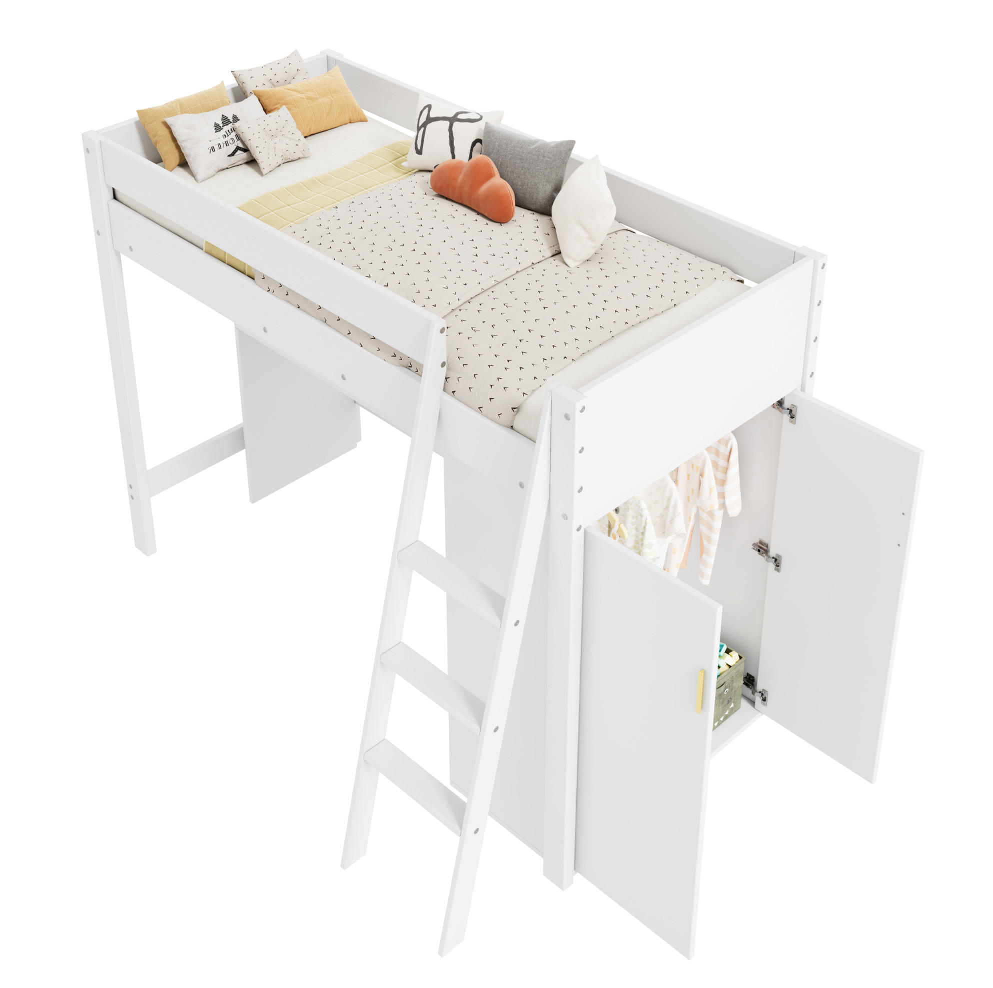 HOCHBETT 90/200 cm in Weiß – mit Schreibtisch, Kleiderschrank und Leiter - Weiß, Holzwerkstoff (90/200cm) - BEAOK