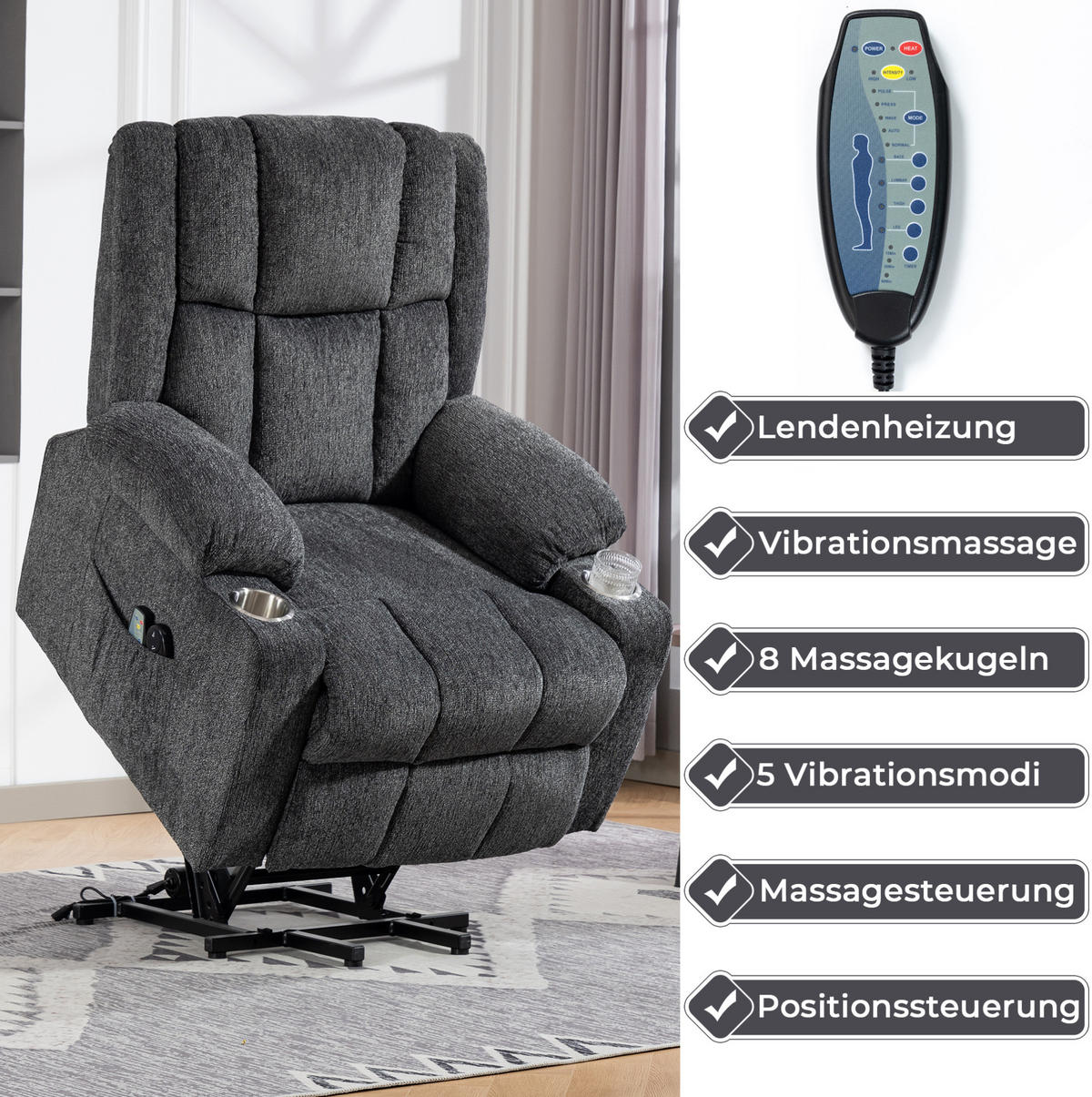 RELAXSESSEL elektrisch mit Aufstehhilfe und Fußteil in Dunkelgrau - Dunkelgrau, Textil (84/106/91cm) - BEAOK