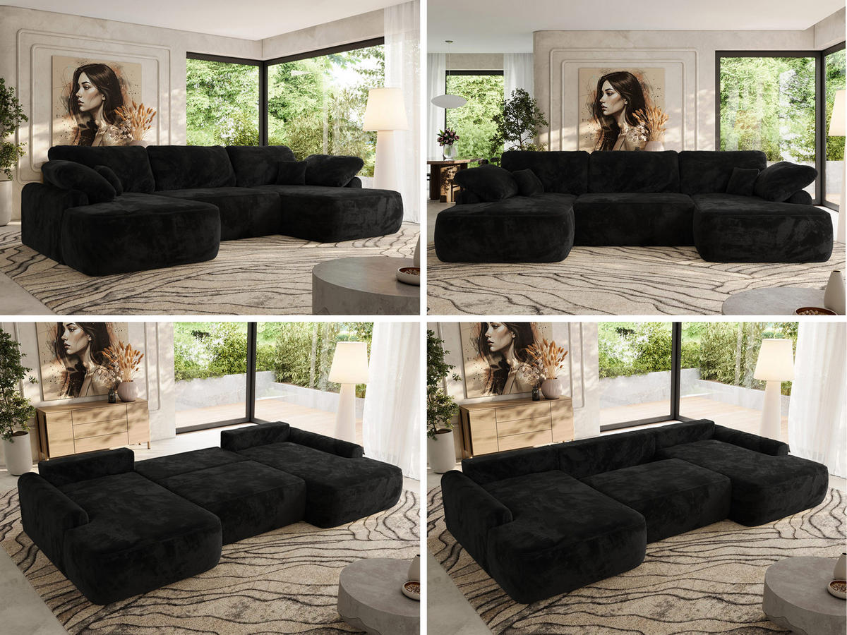 WOHNLANDSCHAFT CUBO U Schwarz Plüsch - Schwarz, Kunststoff/Textil (370/100/187cm) - MKS