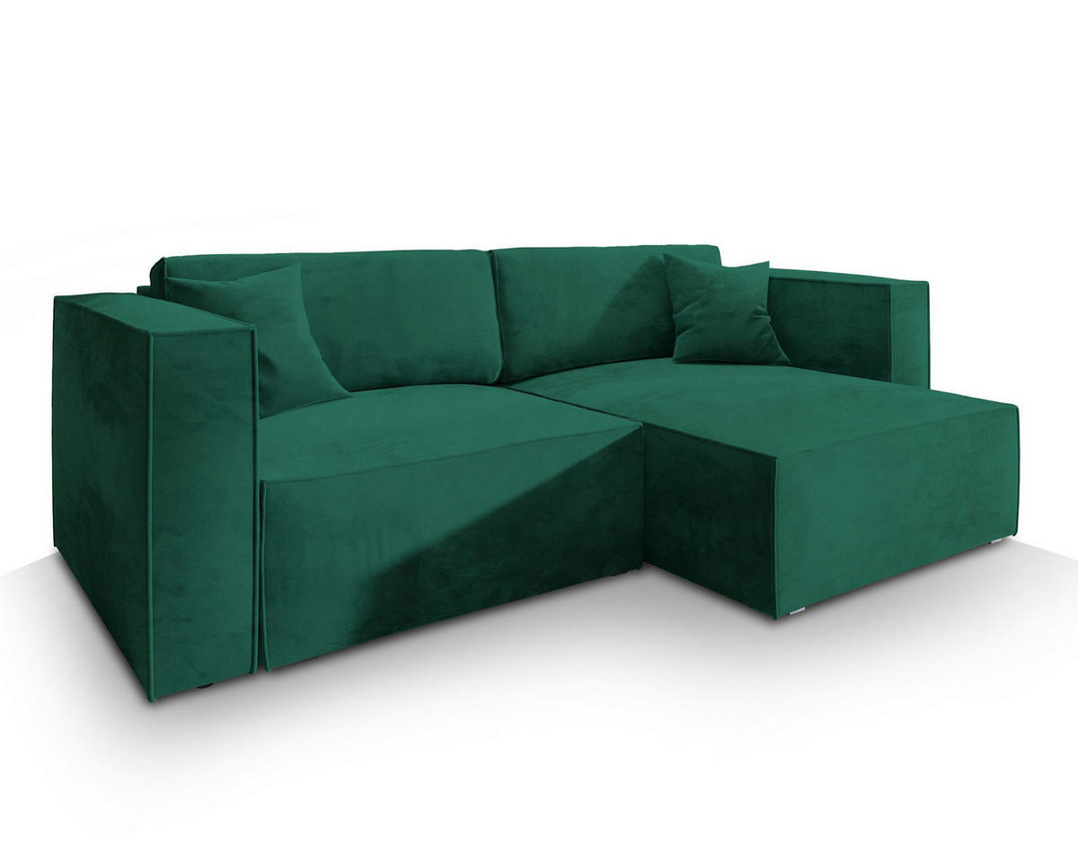 ECKSOFA NERIO M Grün Velours-Stoff mit Schlaffunktion - Grün, Holz (245/148cm) - MASSENO
