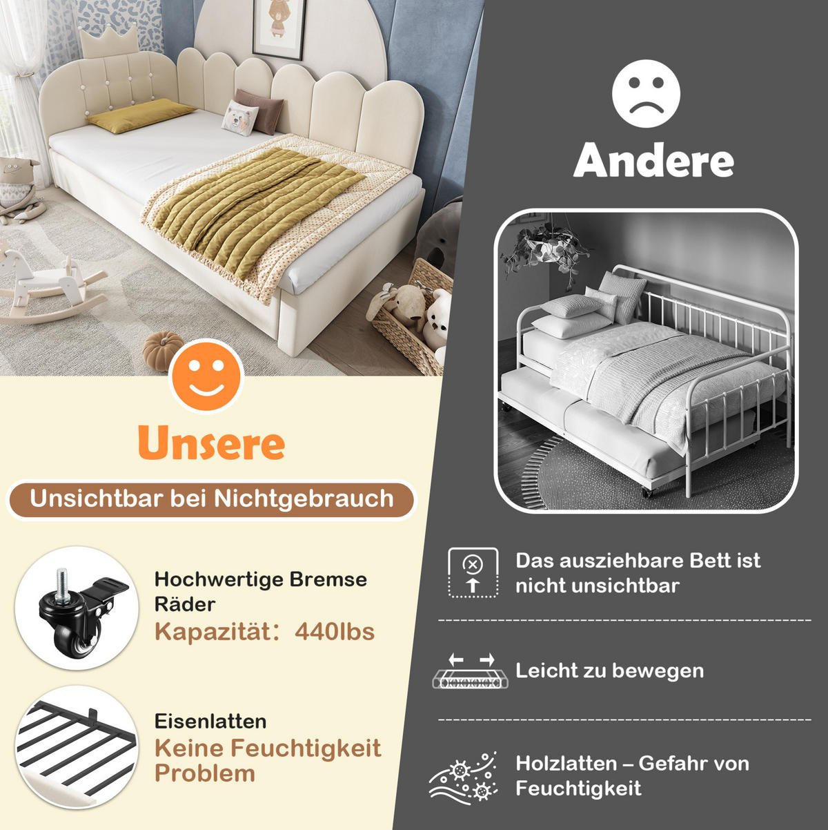 KINDERBETT Polsterbett 90/200 cm aus Samt mit Ausziehbett und Kronendesign Beige - Beige, Textil (90/200cm) - Modenvie