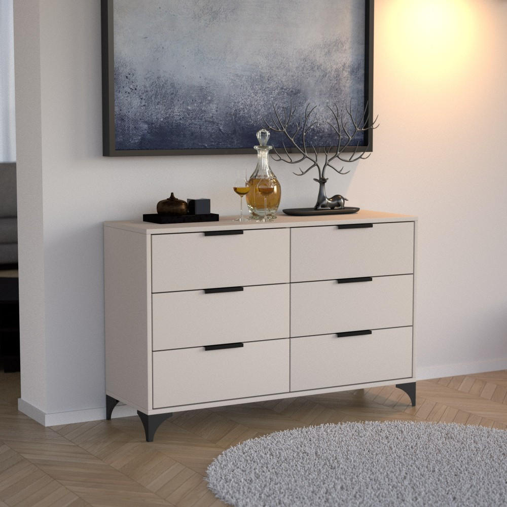 KOMMODE Home mit 6 Schubladen, 120 cm, mit Griffen, Kaschmir - Kaschmir/Schwarz, Holzwerkstoff (120/80/40cm) - Beautysofa