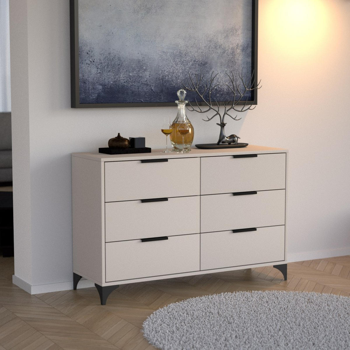 KOMMODE Home mit 6 Schubladen, 120 cm, mit Griffen, Kaschmir - Kaschmir/Schwarz, Holzwerkstoff (120/80/40cm) - Beautysofa