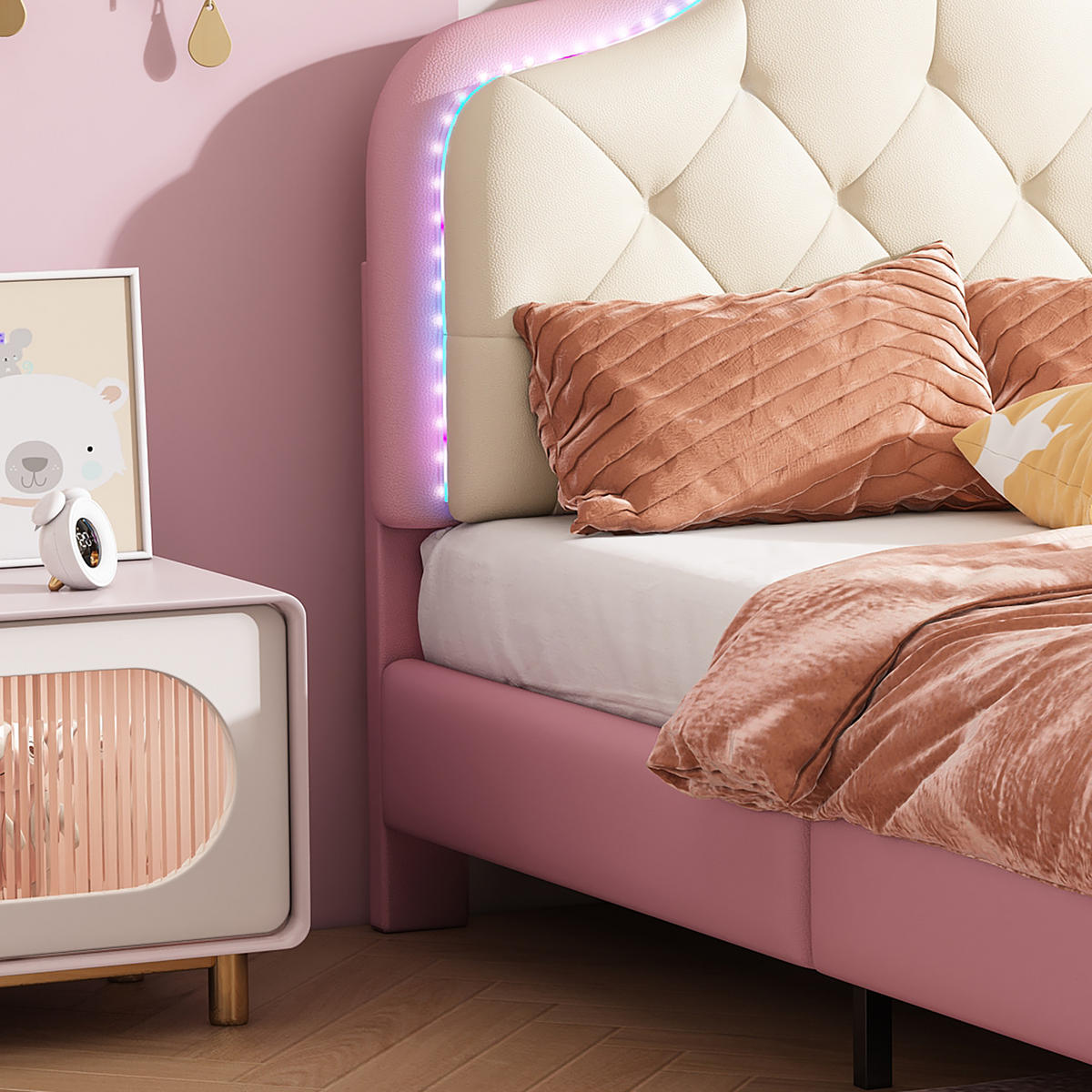 POLSTERBETT 90/200 cm Rosa mit LED-Beleuchtung und wolkenförmigem Kopfteil aus PU - Weiß, Kunststoff (90/200cm) - OKWISH