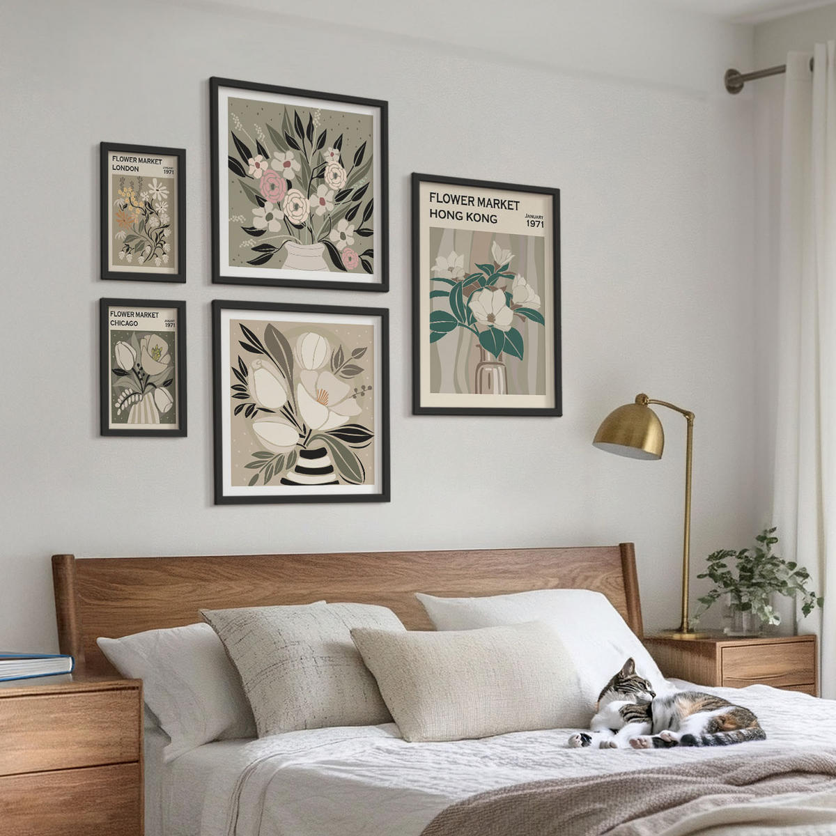BILDER SET 5er Set - 50x50 cm & 20x30 cm & 40x60 cm Schwarzer Rahmen - Blumenillustrationen London Hongkong - Schwarz, Kunststoff (40/60cm) - TULUP