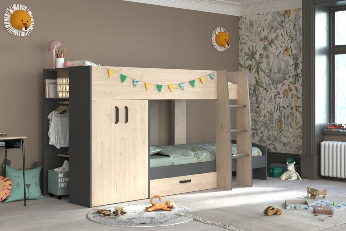 ETAGENBETT Hochbett mit Kleiderschrank Schublade Bett 90 x 200 cm - Eichefarben/Schwarz, Holz/Holzwerkstoff (90/200cm) - Parisot Meuble