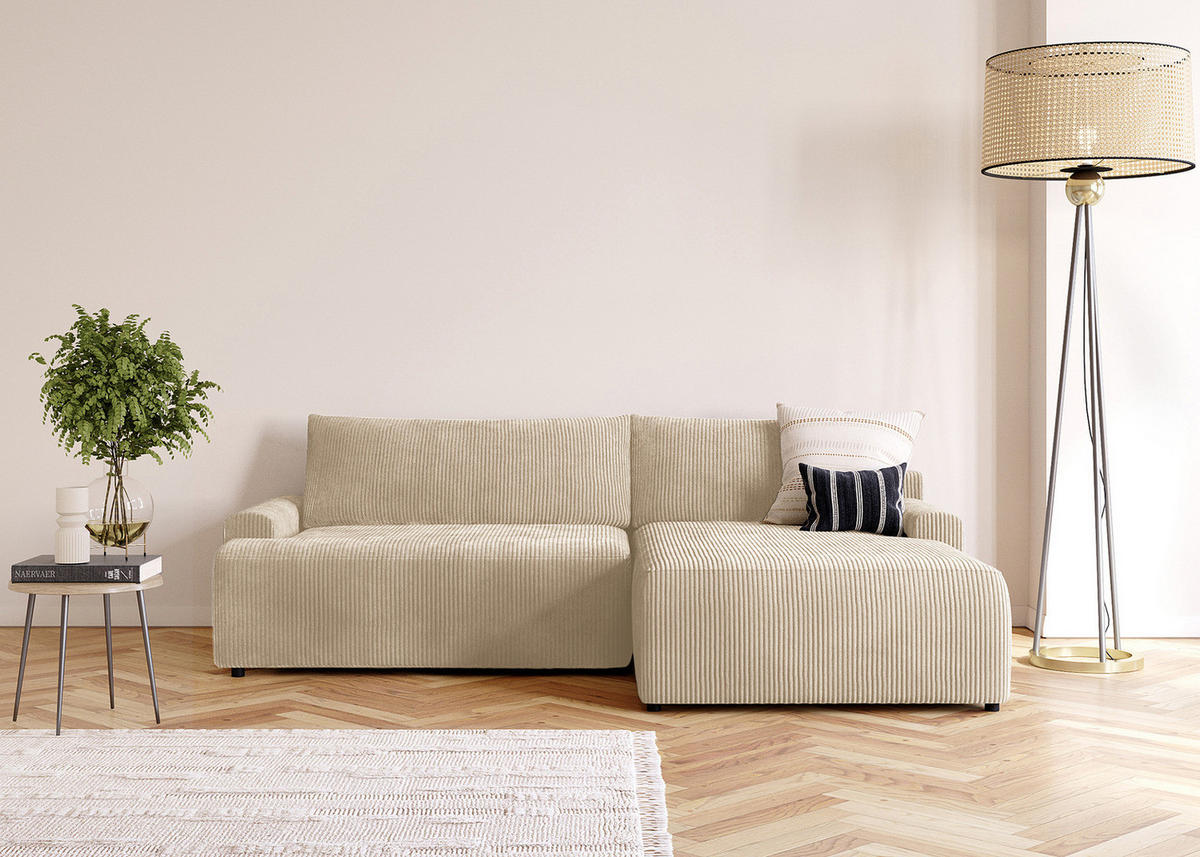 ECKSOFA mit Schlaffunktion - Longchair - Creme/Schwarz, Kunststoff/Textil (253/167cm) - home24