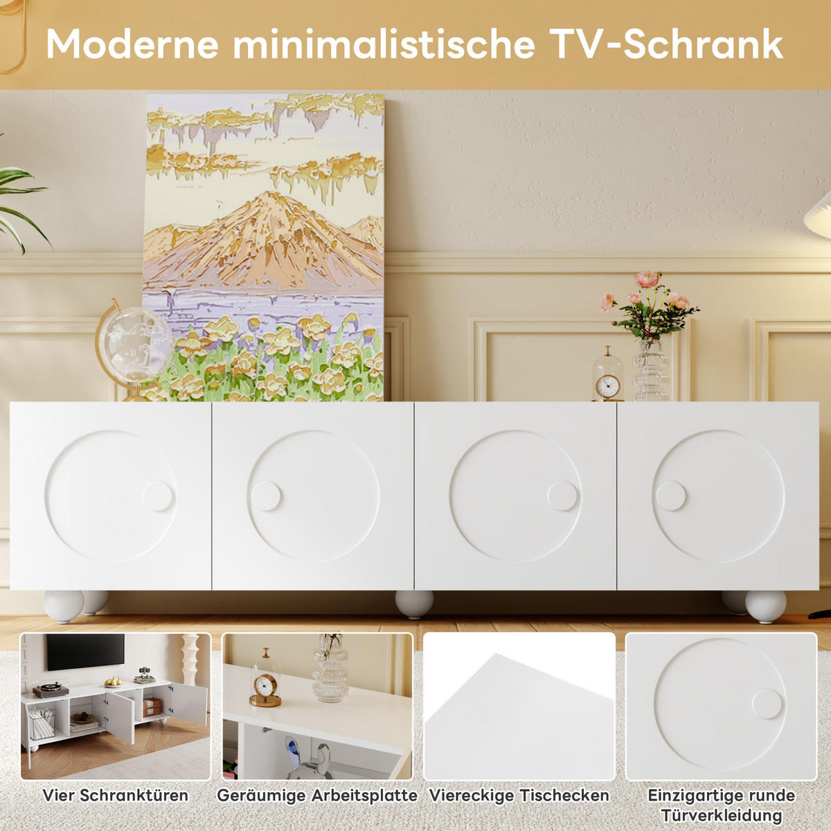 TV stolek 180,5/38/50 cm s úložným prostorem a 3D reliéfními dvířky, Matná bílá - bílá, kompozitní dřevo (180.5/50/38cm) - Redom