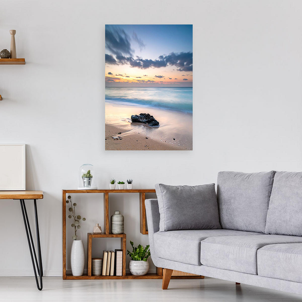 LEINWANDBILD, Strand Meer Sonnenuntergang Steine - Blau, Textil (30/45cm) - Feeby