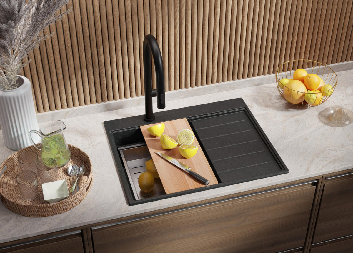 SPÜLBECKEN Sydney, 2-er set Anthrazit 62/50 cm 1 Becken + Ablauf-Set + Küchenzubehörset ab 40er Unterschrank - Chromfarben/Anthrazit, Kunststoff (62/20/50cm) - Primagran