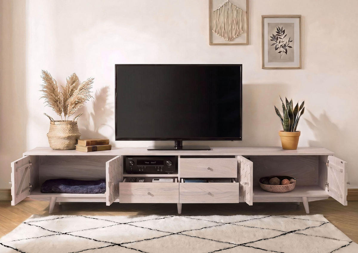 TV-BOARD Akazie 260x40x49 weiß lackiert MOSAYK #218 - Weiß, Holz (260/49/40cm) - Massivmoebel24