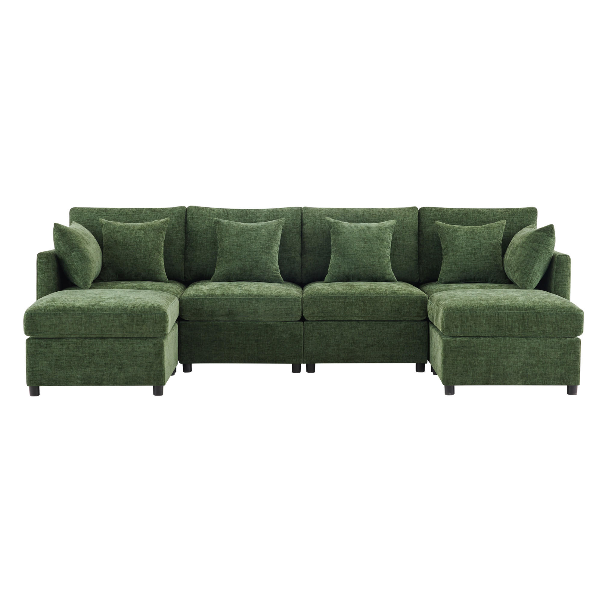 SOFA Modular, Grün, Chenille, U-/L-Form, 2 Hocker, 6 Kissen - Grün, Textil (161/81/278cm)