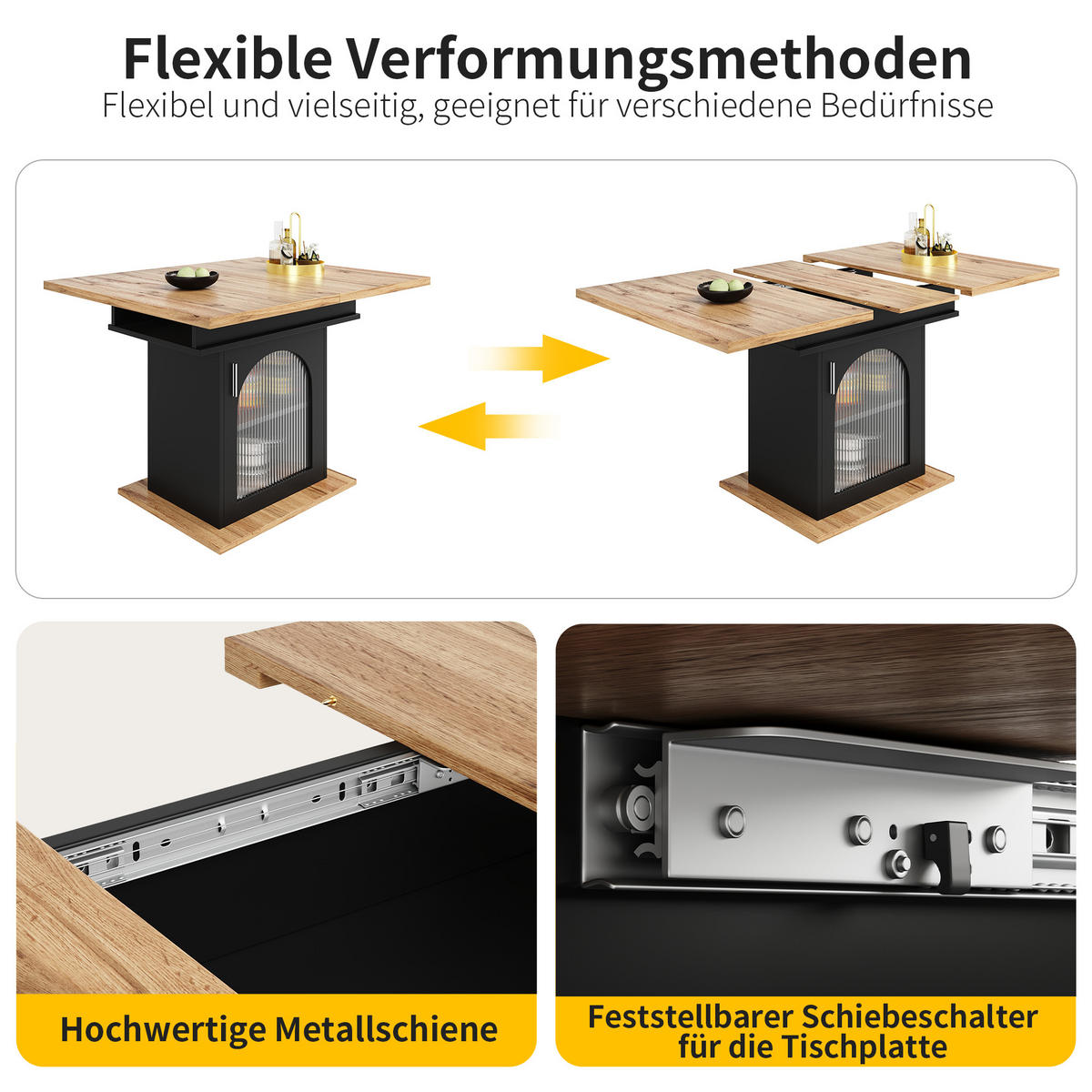 ESSTISCH in Schwarz und Holzoptik 110-140/70/76 cm - Schwarz, Glas/Holzwerkstoff (140/70/76cm) - Urban Meuble