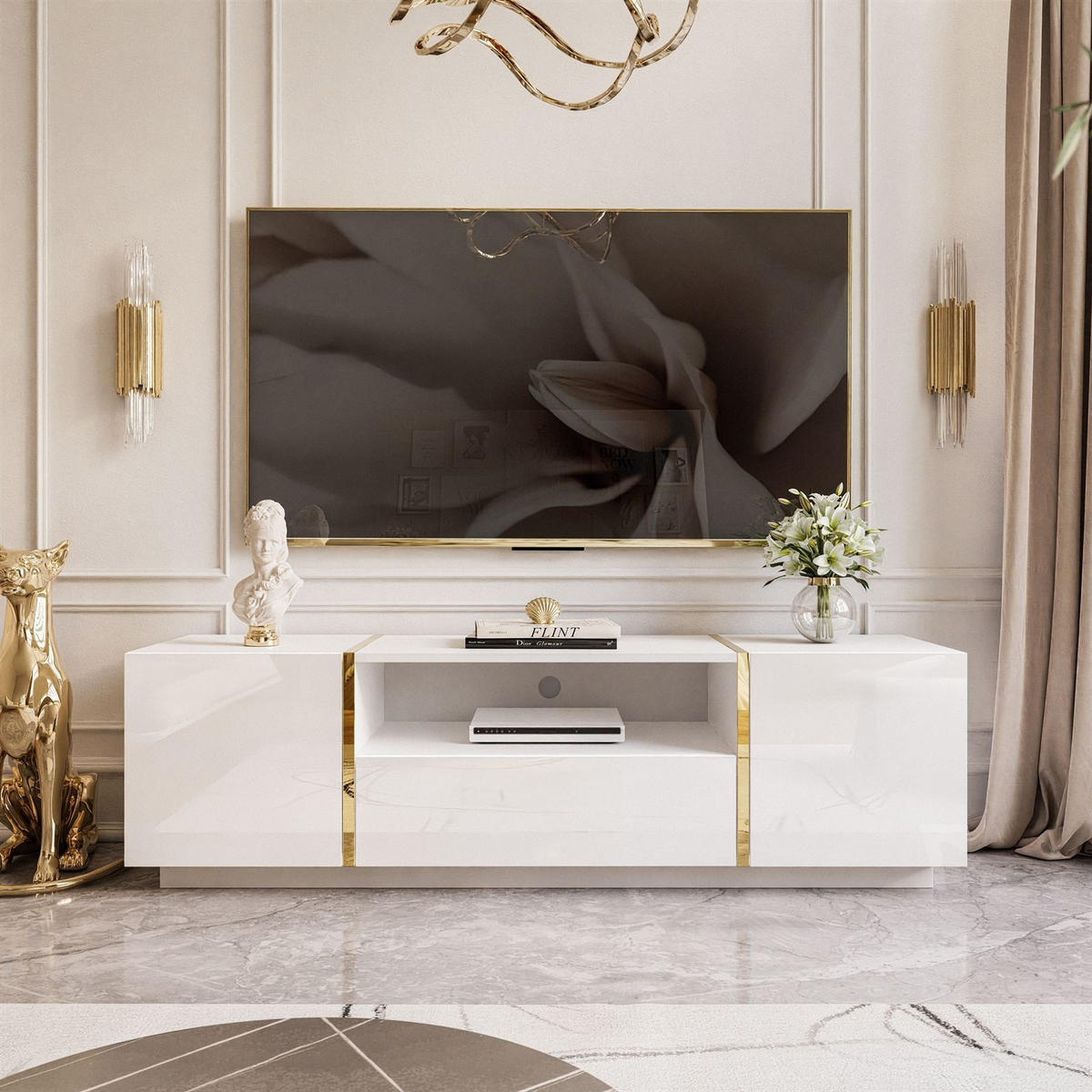 TV-ELEMENT ONYX HOCHGLANZ 158 CM PUSH OPEN - Weiß, Holzwerkstoff (158/46/41.3cm) - Lookway