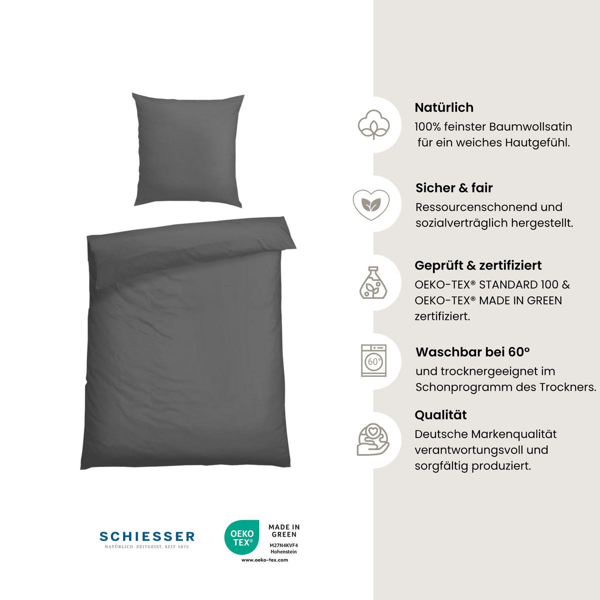 BETTWÄSCHESET Ella - Baumwollsatin - 2-teilig - 155 x 220 cm - Dunkelgrau - Dunkelgrau, Textil (155/220cm) - SCHIESSER