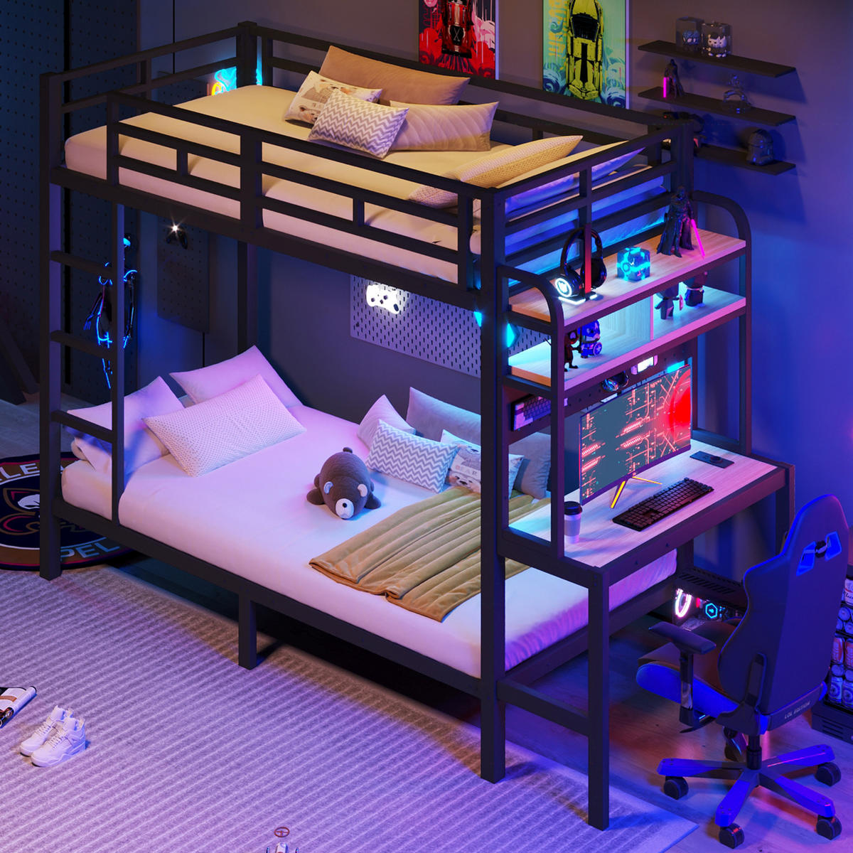 ETAGENBETT 90/200 cm in Schwarz mit Schreibtisch, Ablage, LED und USB - Schwarz, Holzwerkstoff/Metall (90/200cm) - STILVORA