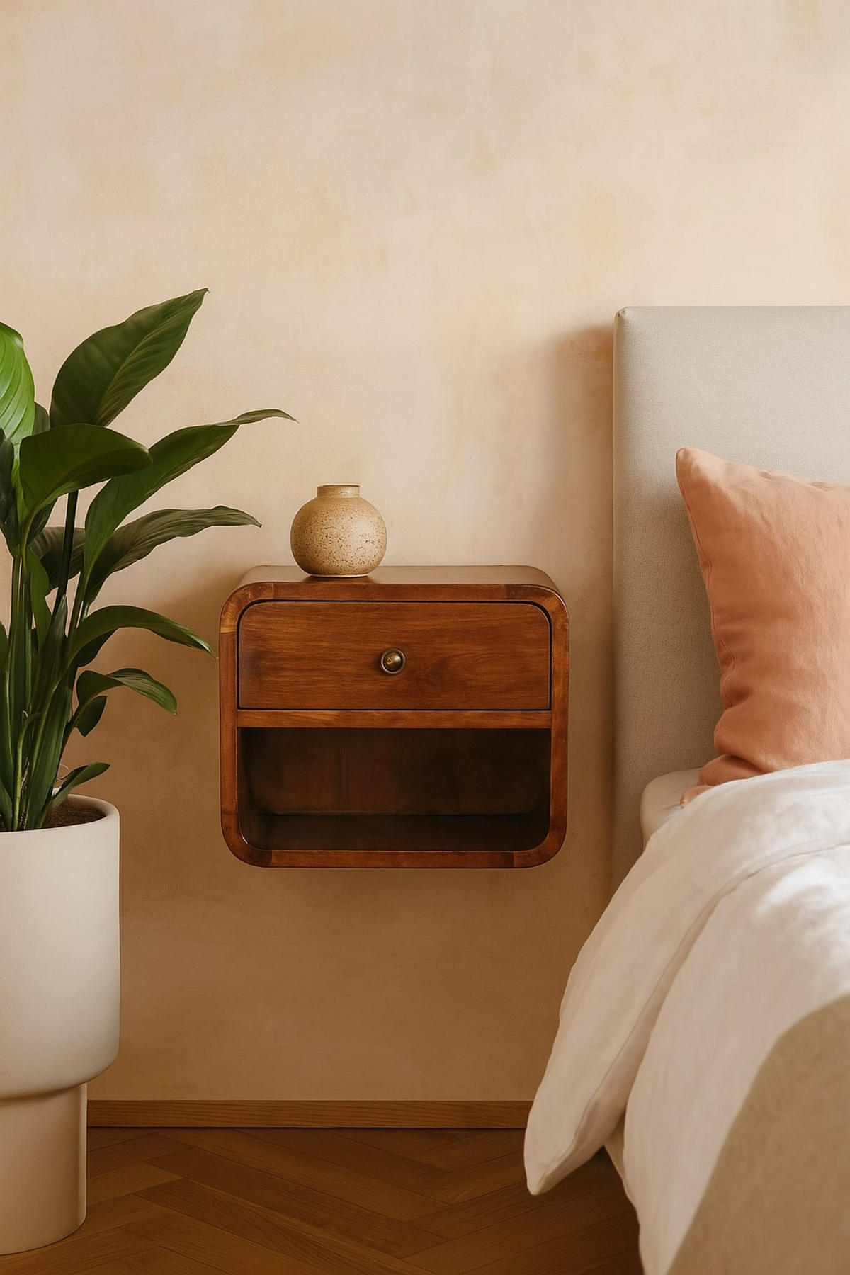 NACHTTISCH mit einer Schublade, wandmontierbar - Kastanienfarben/Messingfarben, Holz/Metall (30/25/25cm) - Artisan Furniture