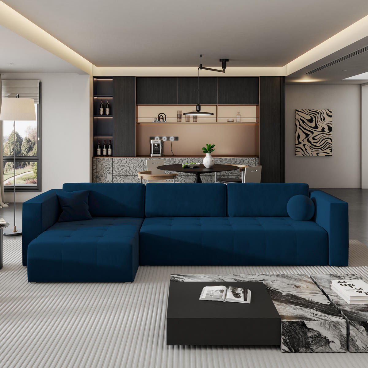 ECKSOFA OLVERA Blau Plüsch-Stoff mit Schlaffunktion - Blau, Holz (347/148cm) - MASSENO