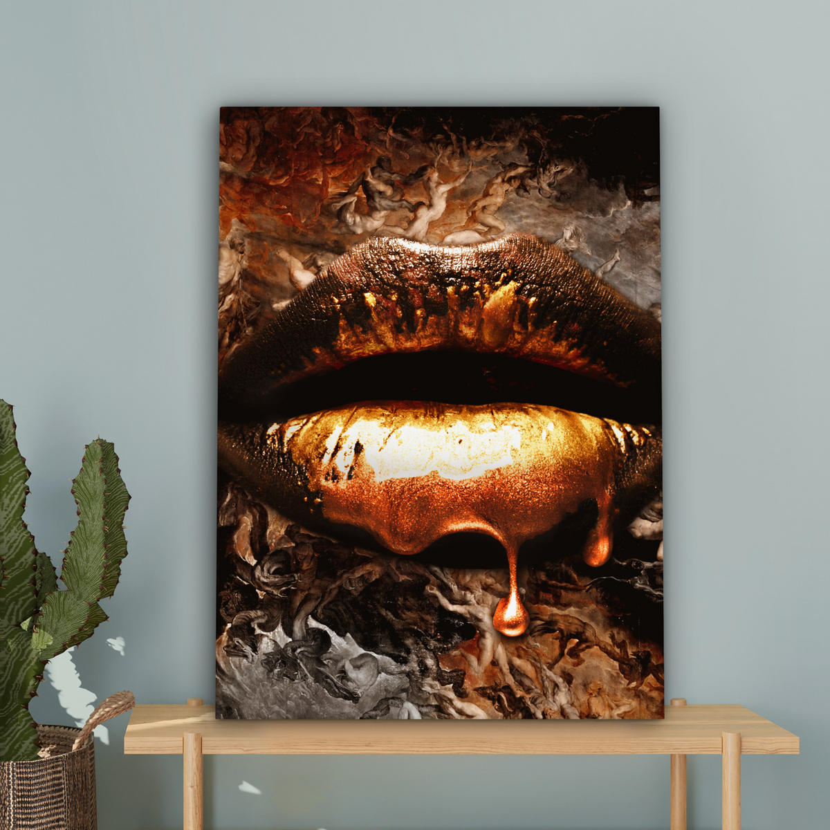 LEINWANDBILD Gold - Lippen - Kunst - Gold - Luxus - Abstrakt 60x80 cm - Kupferfarben, Textil (60/80cm) - MuchoWow
