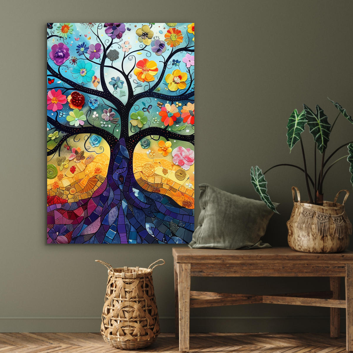 METALLBILD Kunst - Baum des Lebens - Blumen - Hippie 60x90 cm - Dunkelblau, Metall (60/90cm) - MuchoWow