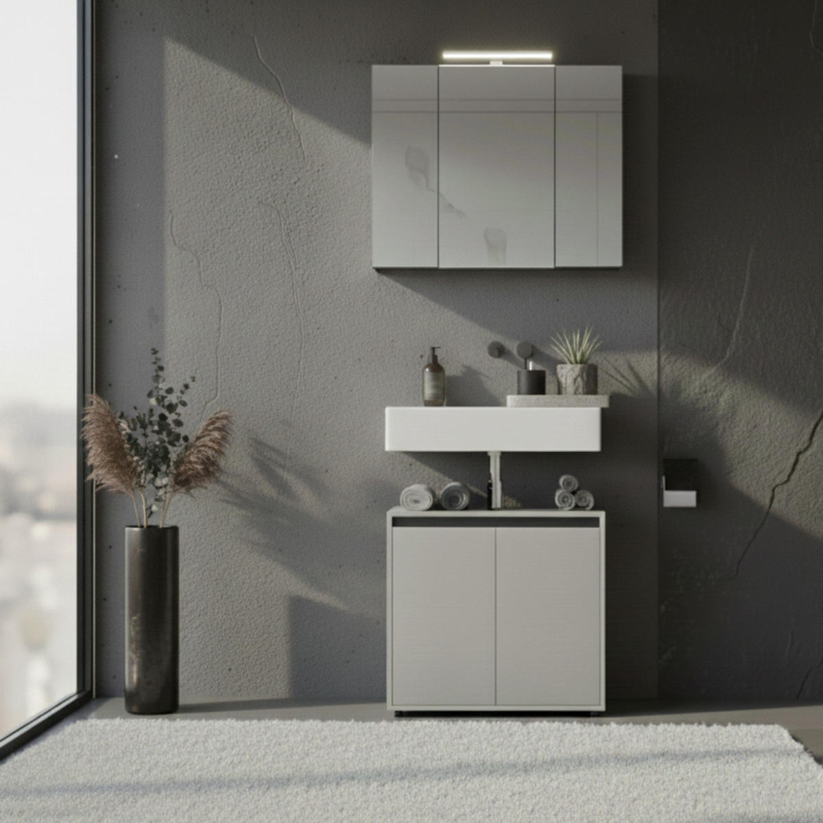 WASCHBECKENUNTERSCHRANK 63 cm mit zwei Türen und Einlegeboden | Steingrau - Grau, Holzwerkstoff (63/55/34cm) - KADIMA DESIGN