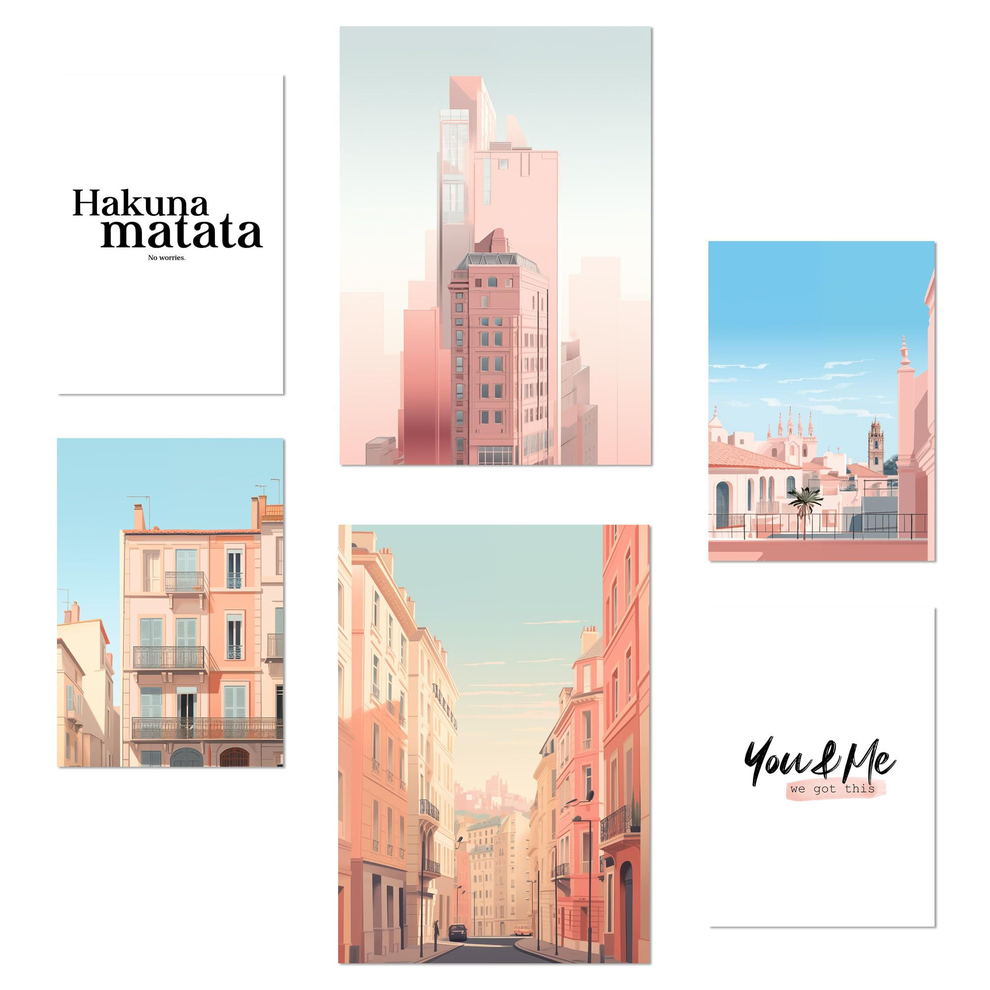 POSTER Set Mit 6 Rosa Building Architektur Landet A3 & A4 Rahmenlos - Klar, Papier (29/3cm) - Nacnic