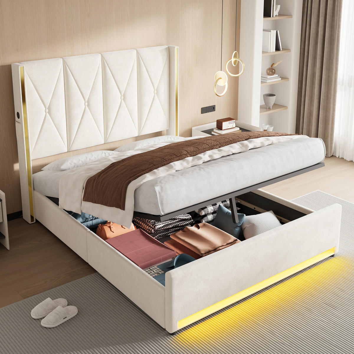 POLSTERBETT 160/200 cm in Beige Samt mit Bettkasten, LED, USB und Seitentaschen - Beige, Holzwerkstoff/Textil (160/200cm) - STILVORA