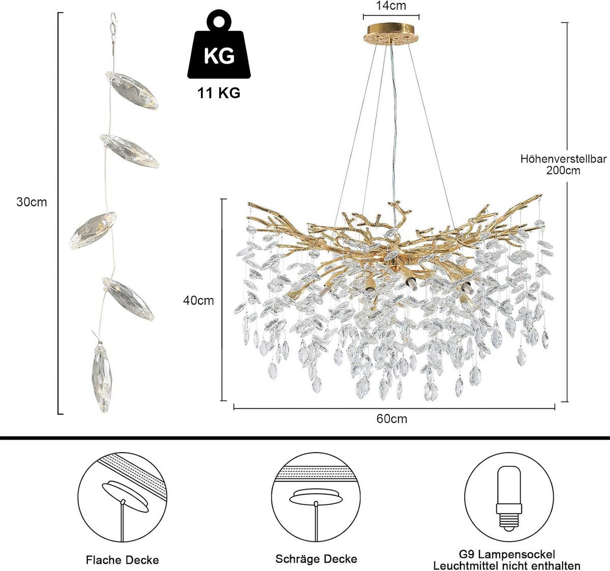 KRONLEUCHTER 76 cm K9‑Kristall Baumzweig Gold für Wohnzimmer und Schlafzimmer - Gelb, Naturmaterialien (74/39/29.5cm) - Surtime