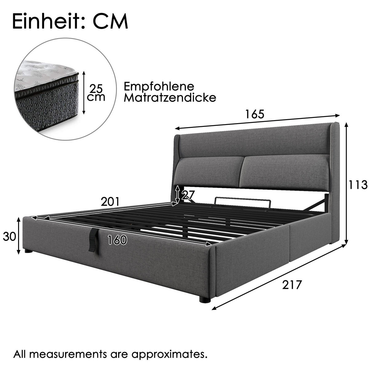 POLSTERBETT 160/200 cm Grau aus Leinen mit Stauraum - Grau, Textil (160/200cm) - OKMYHOME