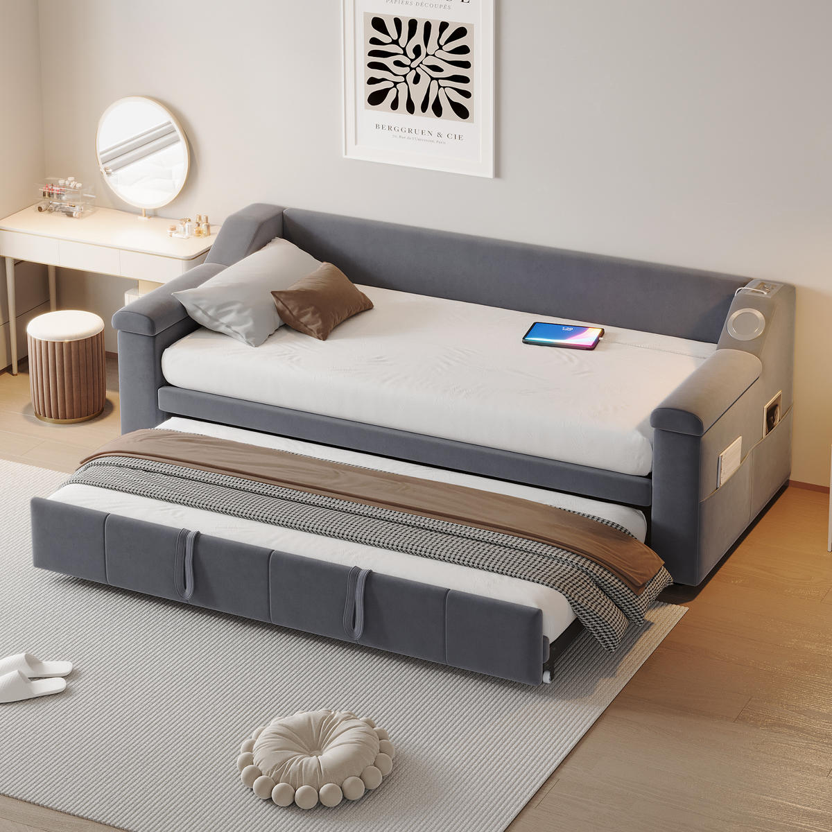 AUSZIEHBETT 90/190 cm Grau mit Bluetooth-Stereoanlage und USB-Anschluss - Grau, Textil (90/190cm) - OKWISH