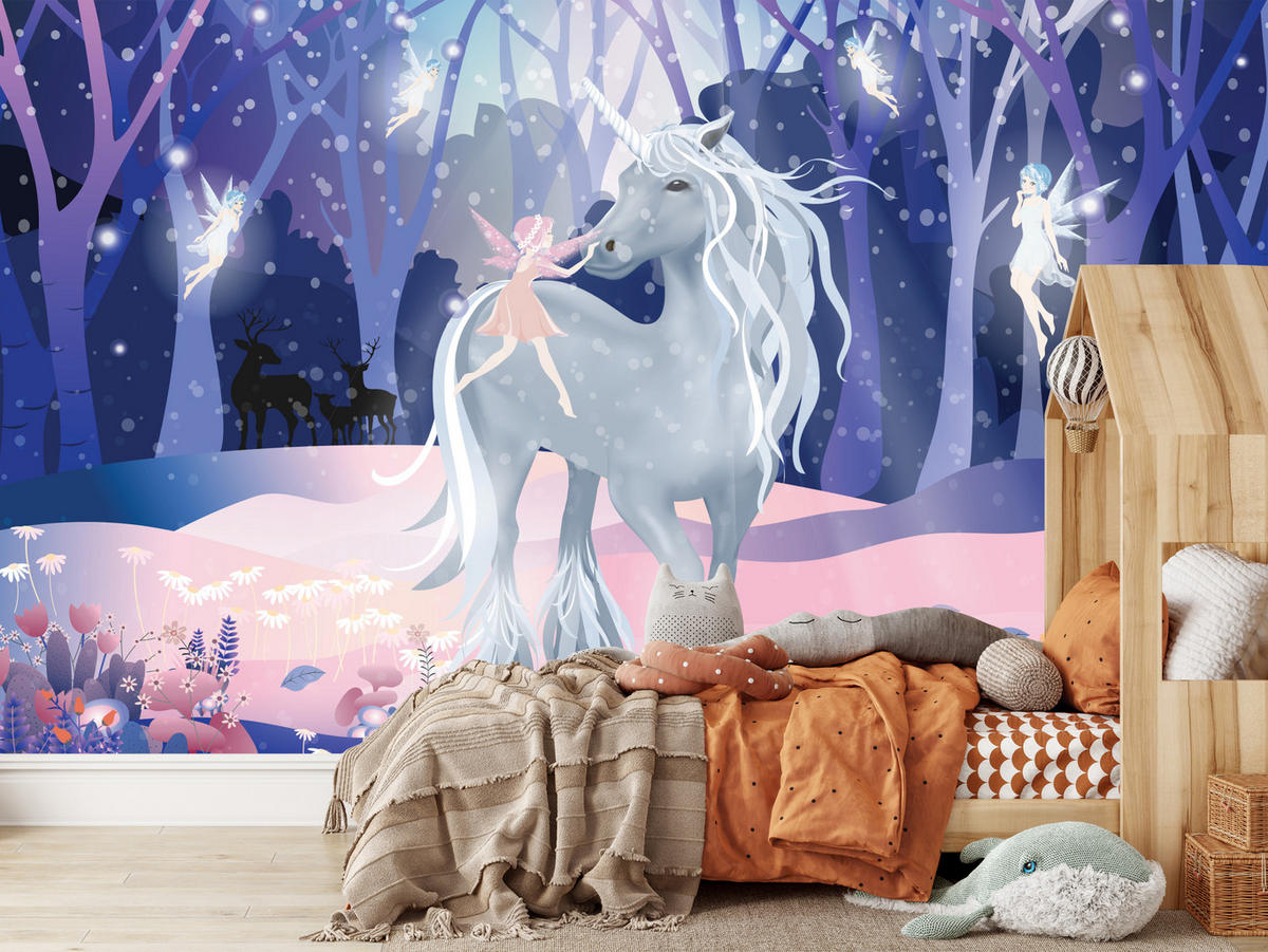 FOTOTAPETE für Kinderzimmer Einhorn Feen Magischer Wald 300x210 - Blau/Violett, Papier (300/210cm) - Muralo