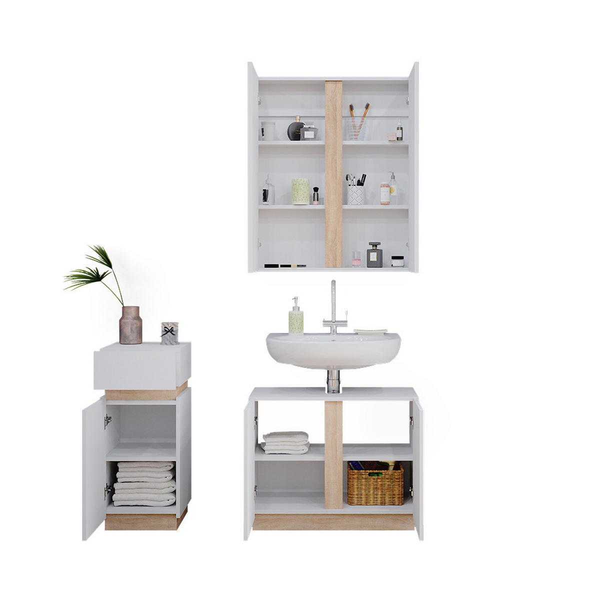 BADMÖBEL-SET Gloria Weiß 3 Teile, mit Midischrank - Weiß/Sonoma Eiche, Holzwerkstoff (70/55/34cm) - Vicco