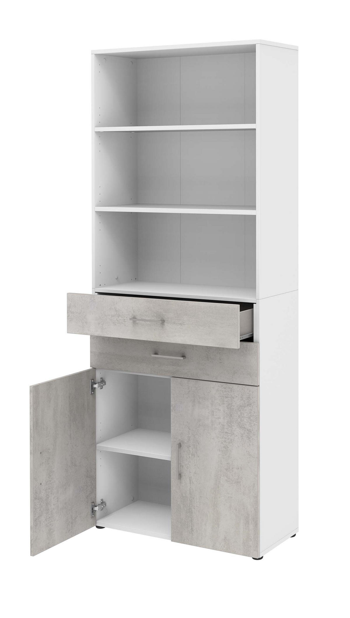AKTENSCHRANK - Zweitürig, Schubkästen, offene Fächer - Weiß/Beton - Grau, Holzwerkstoff (80/212.5/34.4cm) - Röhr