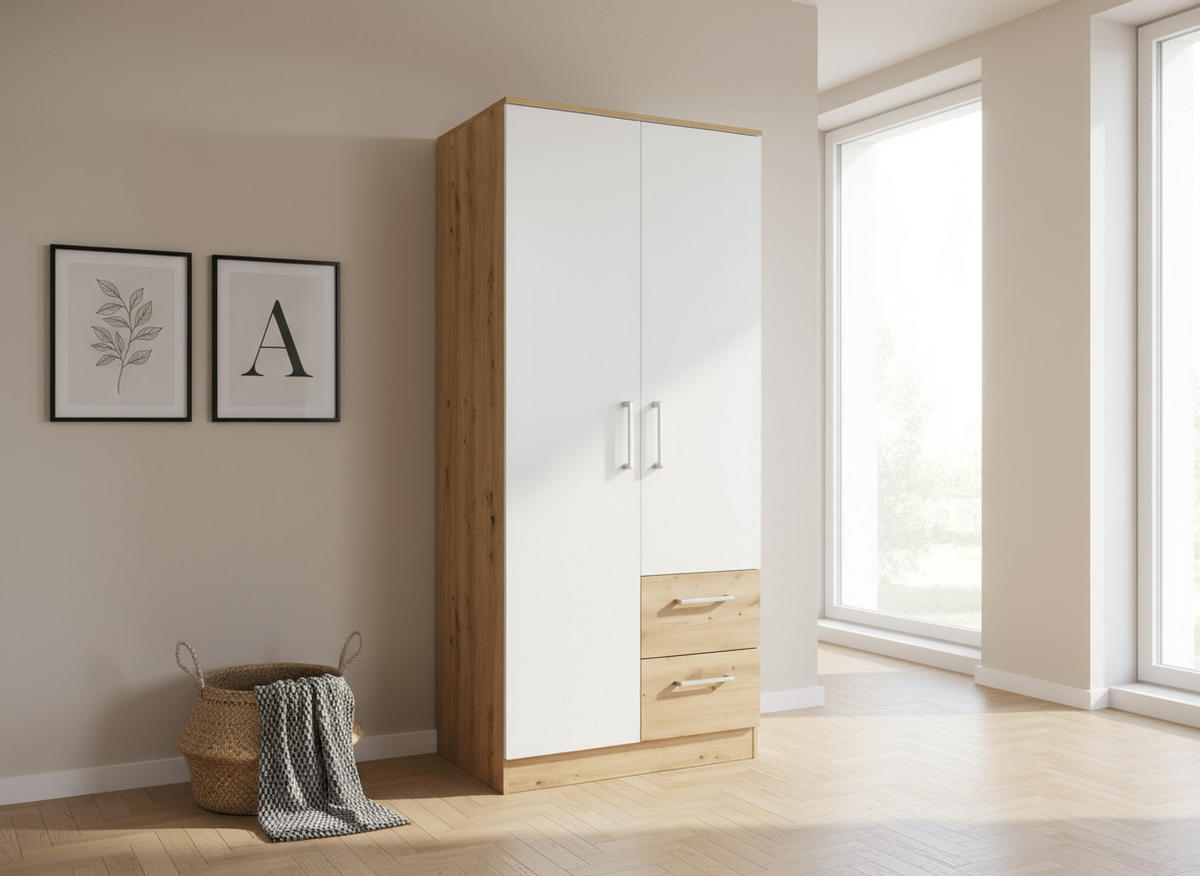 KLEIDERSCHRANK 90/201/54 cm Weiß Artisan Oak mit Drehtüren - Silberfarben/Weiß, Holzwerkstoff/Kunststoff (90/201/54cm) - arthur berndt