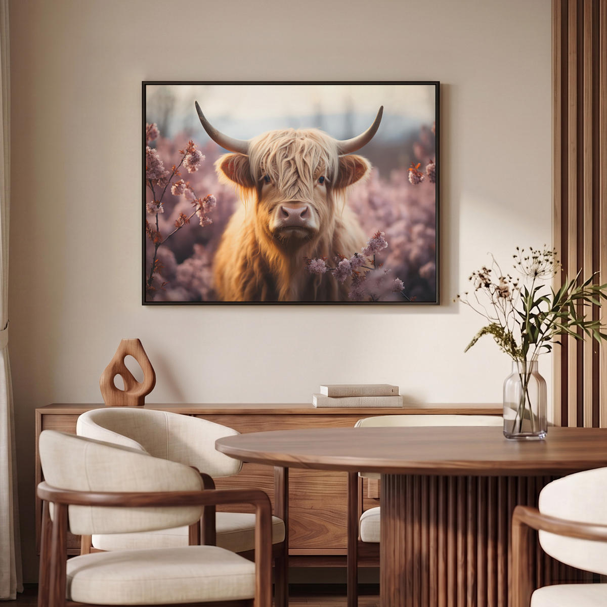 LEINWAND Bilder mit Rahmen - Schottischer Hochländer - Frühling - Hochland - 100x70 - Hellrosa, Textil (100/70cm) - MuchoWow