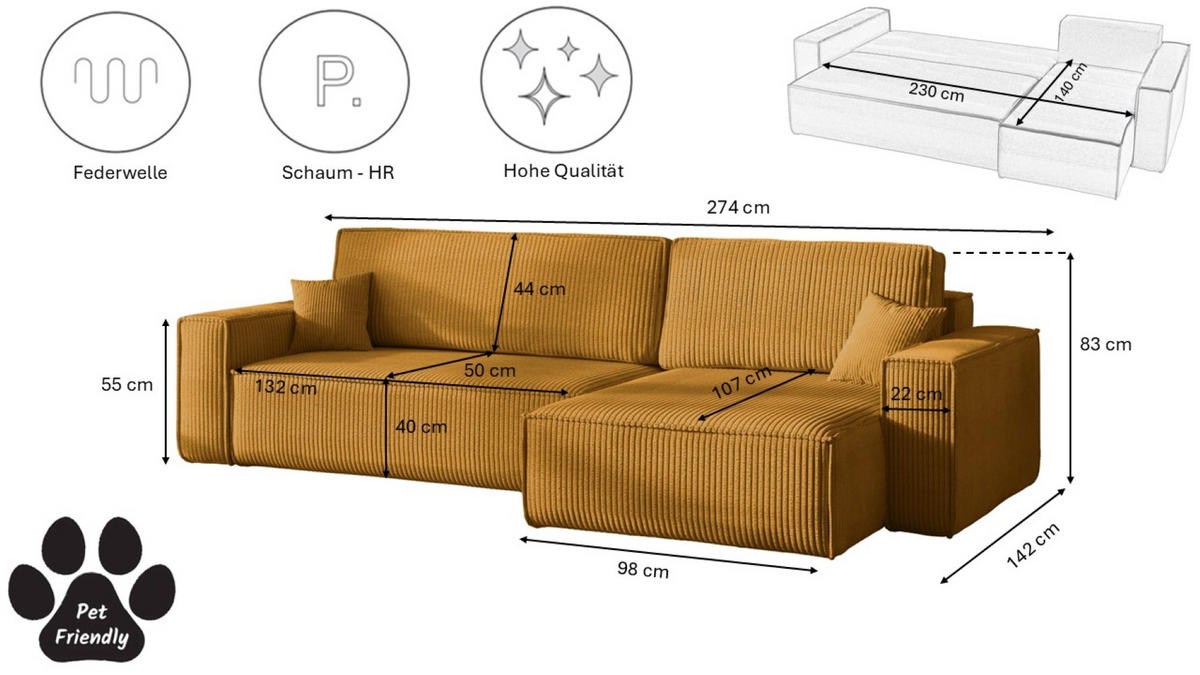 ECKSOFA Mit Schlaffunktion Und Bettkasten, Eckcouch BEST XL Stoff Poso Dicker Cord Senffarbe Rechts - Schwarz/Orange, Holz/Kunststoff (274/142cm) - Kaiser Möbel