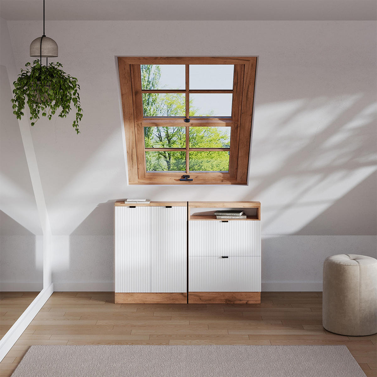 DACHSCHRÄGENSCHRANK-SET Rion Weiß Riffel 120 cm 2er Set - Weiß, Holzwerkstoff (120/81.6/46cm) - Vicco