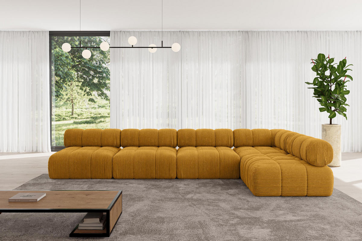 ECKSOFA modulares Sofa Samaro-L3 - 380x190x70 cm Senfgelb Cord - Currygelb, Holzwerkstoff/Textil (380/190cm) - ALTDECOR