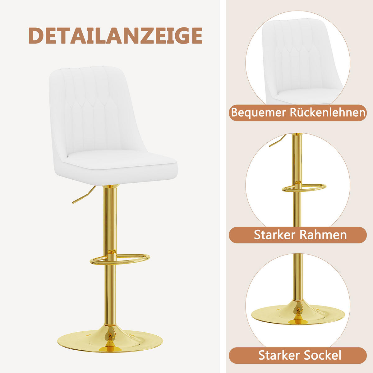 BARHOCKER 2er-Set Weiß & Gold höhenverstellbar 360° drehbar mit Rückenlehne - Weiß, Metall (44/95.5/44cm) - PANGIVO