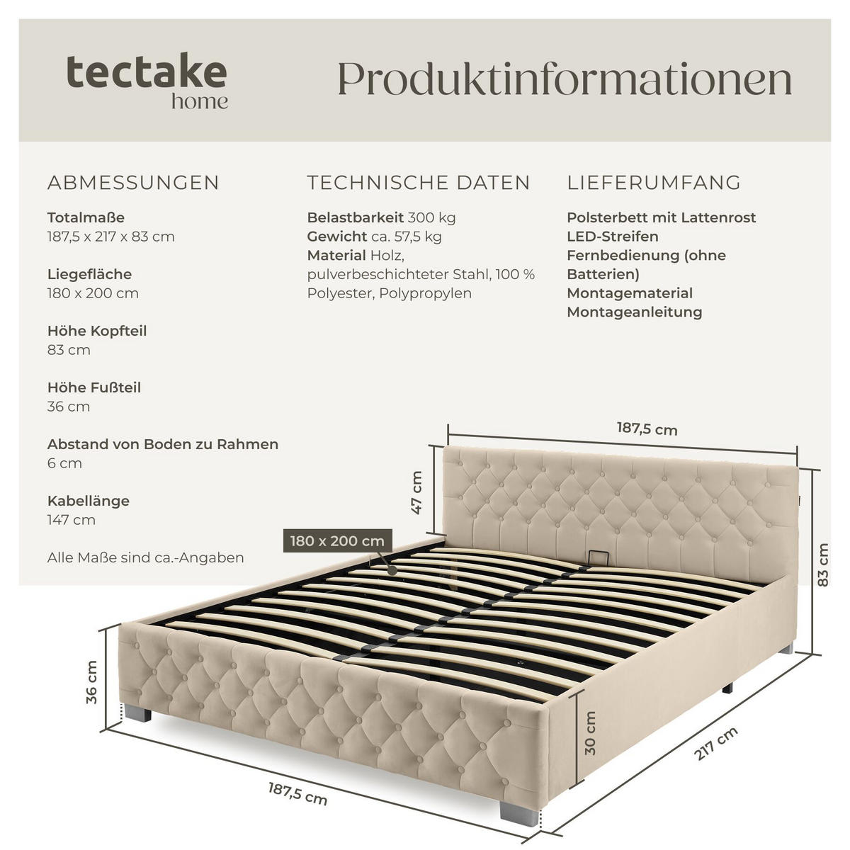 POLSTERBETT Daytona, großer Stauraum, Samtoptik sand - Gelb/Samtahornfarben, Holz (180/200cm) - tectake