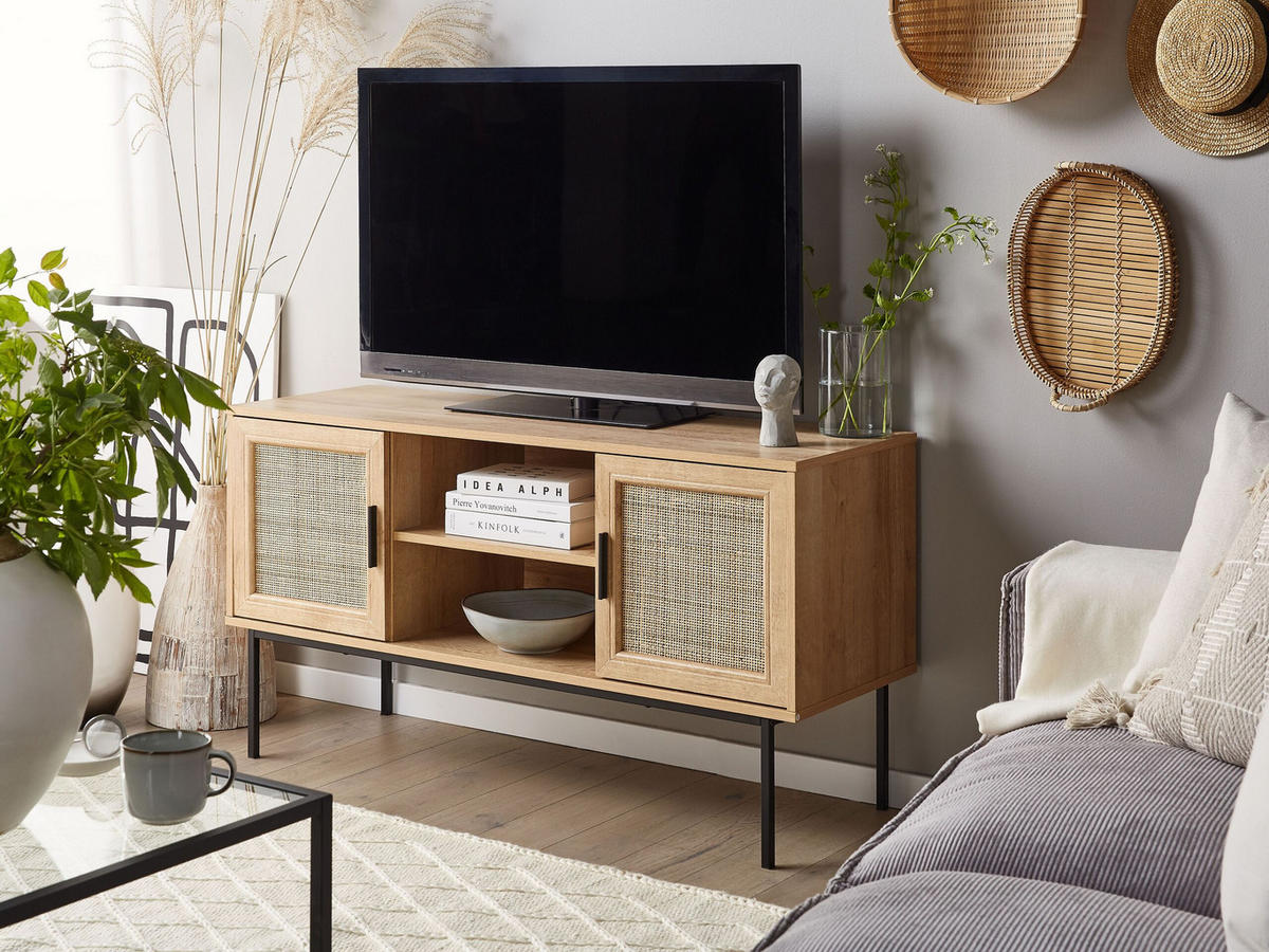 TV-MÖBEL Hellbraun, Schwarz PASCO 39/120/63 cm - Hellbraun, Holzwerkstoff (120/63/39cm) - Beliani