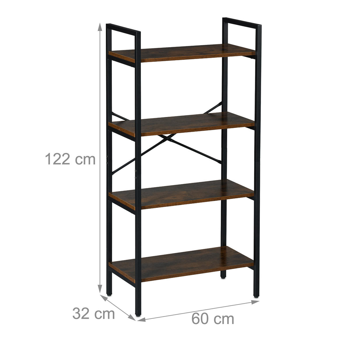 BÜCHERREGAL - Schwarz/Braun, Holzwerkstoff/Metall (60/122/32cm) - Relaxdays
