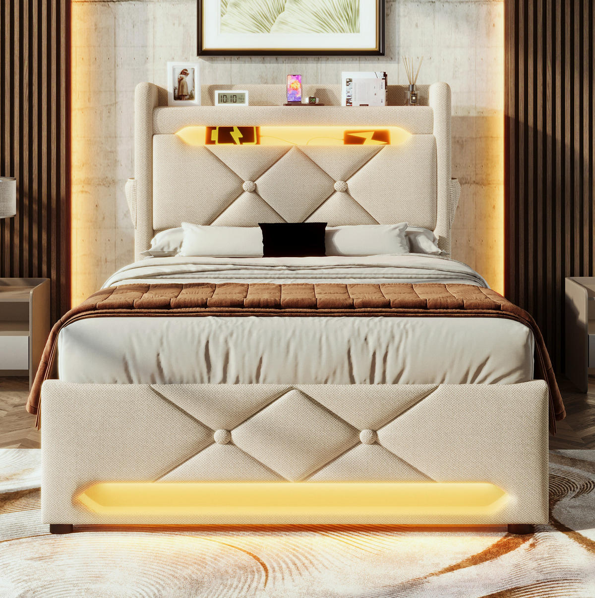 BETT mit LED, Stauraum und Matratze 90x200 cm Leinen Beige - Beige, Metall (90/200cm) - Meubliv