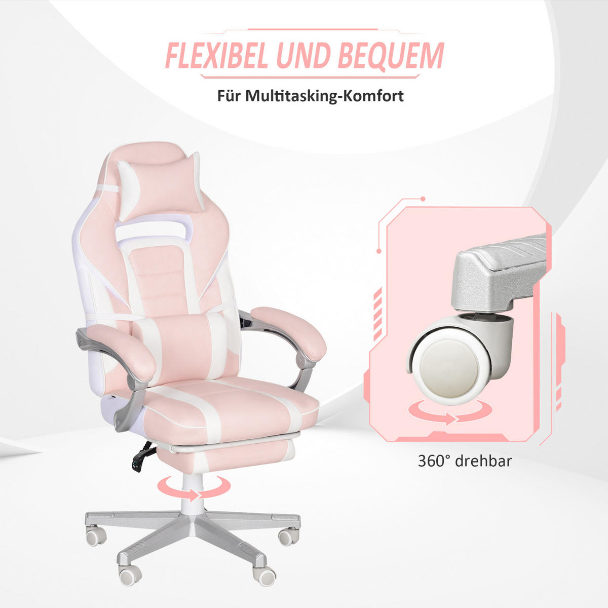 GAMING Stuhl aus Kunstleder mit Fußstütze, höhenverstellbar, drehbar, neigbare Rückenlehne, Kopf- und Lendenkissen, Rosa - Rosa, Leder (50/115.5/63cm) - BRILVERDE